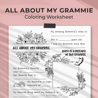 hanging page with tape titled all about my Grammie worksheet with drawing, coloring