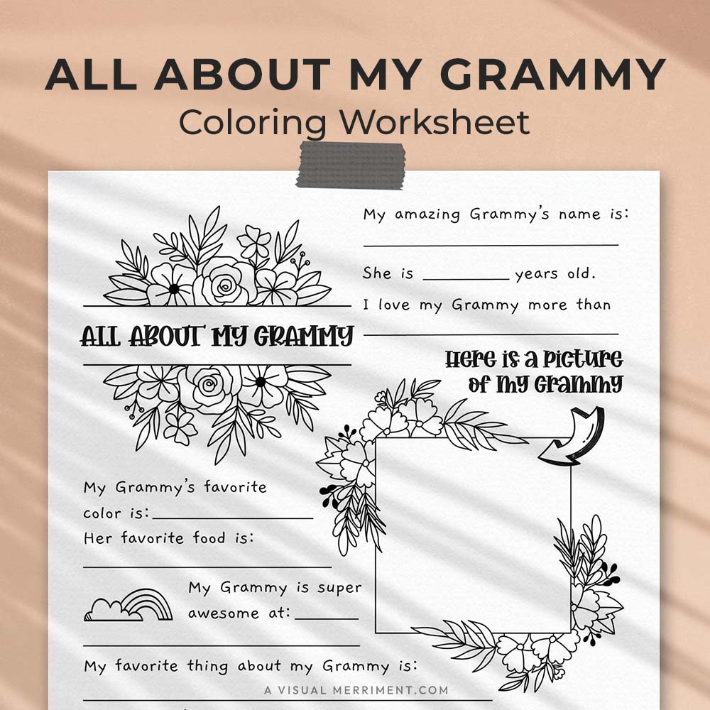 hanging page with tape titled all about my Grammy worksheet with drawing and coloring