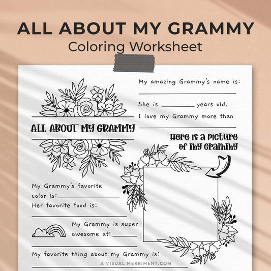 hanging page with tape titled all about my Grammy worksheet with drawing and coloring