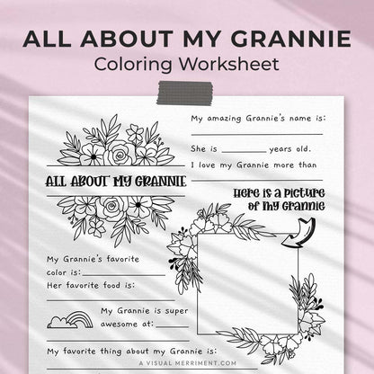 hanging page with tape titled all about my Grannie worksheet with drawing and coloring