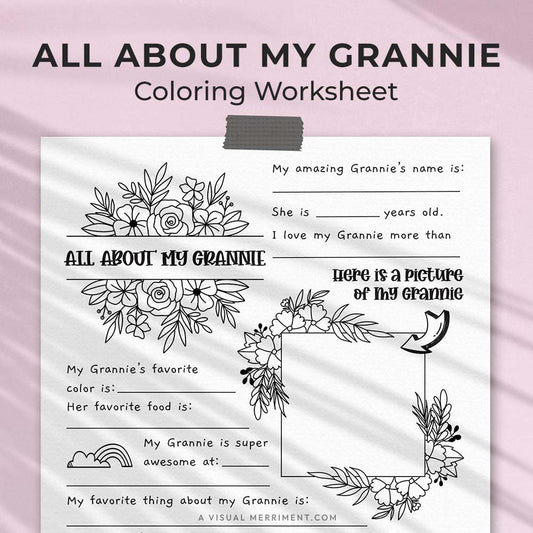 hanging page with tape titled all about my Grannie worksheet with drawing and coloring