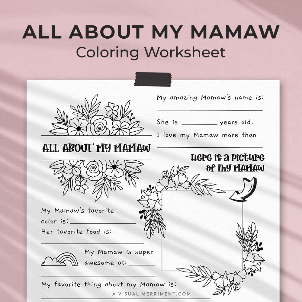 hanging page with tape titled all about my Mamaw worksheet with drawing and coloring