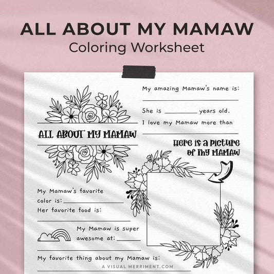 hanging page with tape titled all about my Mamaw worksheet with drawing and coloring