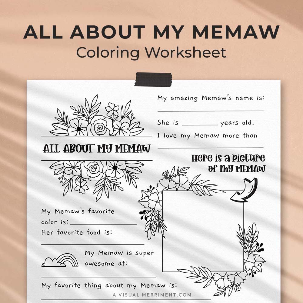 hanging page with tape titled all about my Memaw worksheet with drawing and coloring