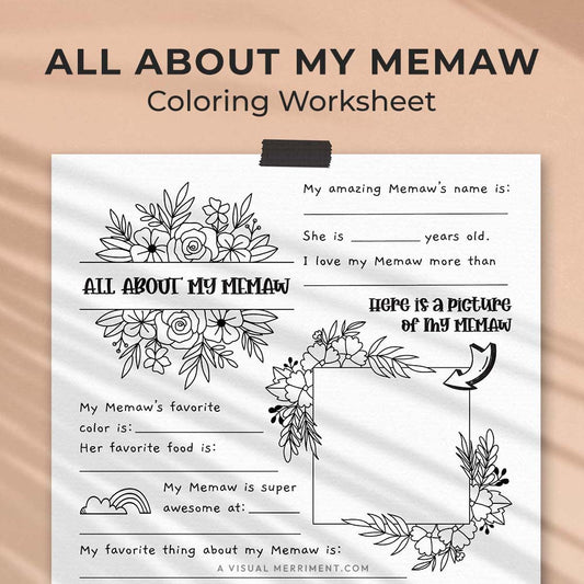 hanging page with tape titled all about my Memaw worksheet with drawing and coloring