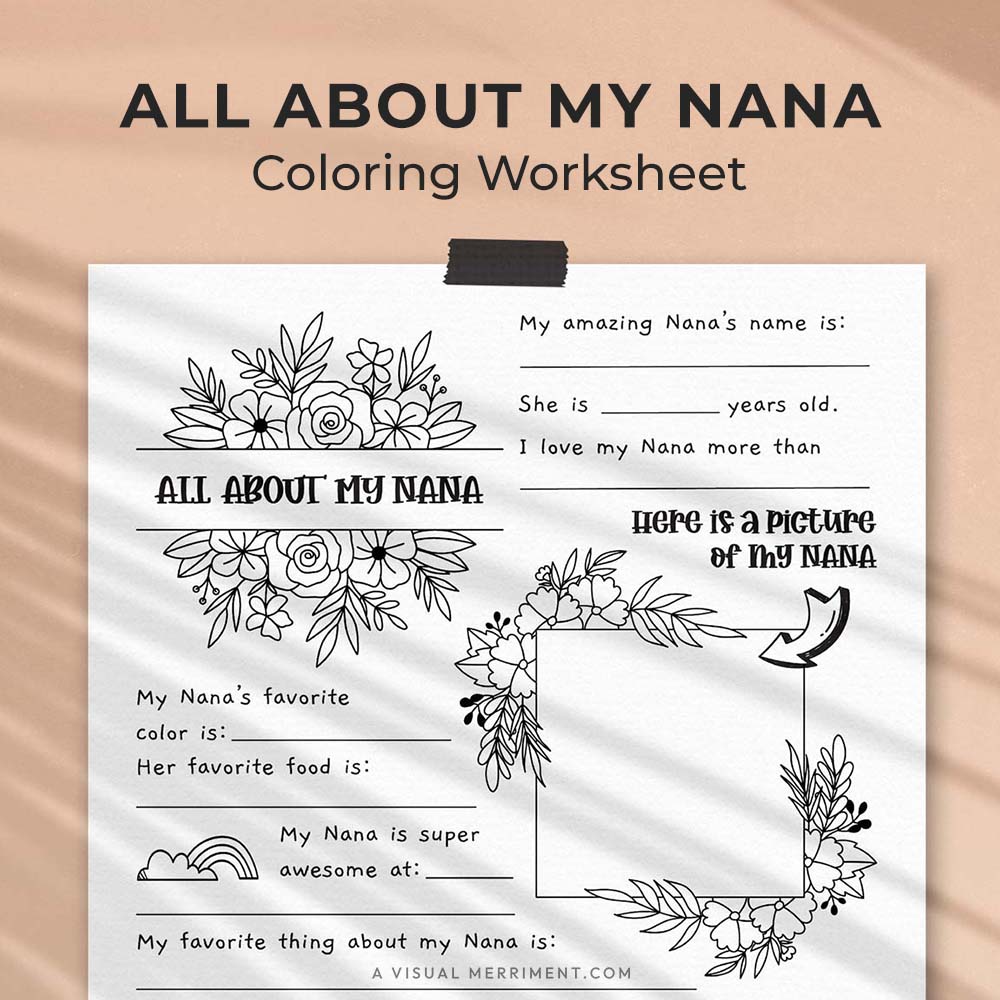 hanging page with tape titled all about my Nana worksheet with drawing and coloring