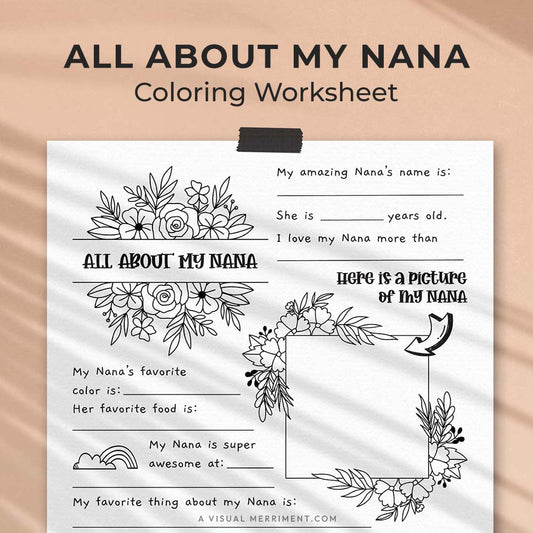 hanging page with tape titled all about my Nana worksheet with drawing and coloring