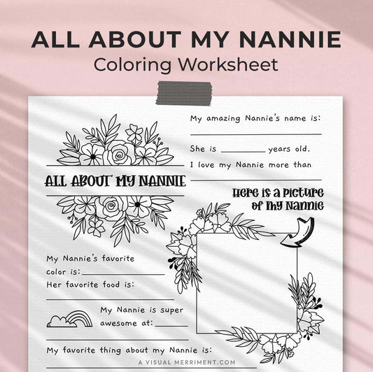 hanging page with tape titled all about my Nannie worksheet with drawing and coloring