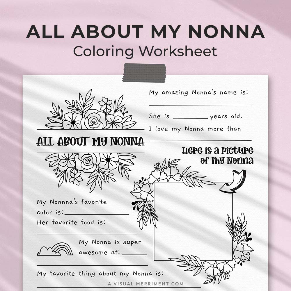 hanging page with tape titled all about my Nonna worksheet with drawing and coloring