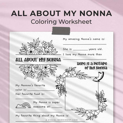 hanging page with tape titled all about my Nonna worksheet with drawing and coloring