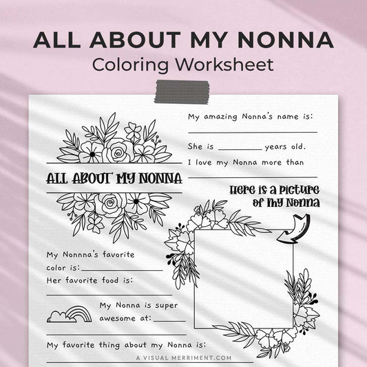 hanging page with tape titled all about my Nonna worksheet with drawing and coloring