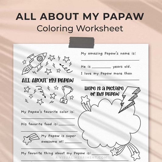 hanging page with tape titled all about my Papaw worksheet with drawing, coloring