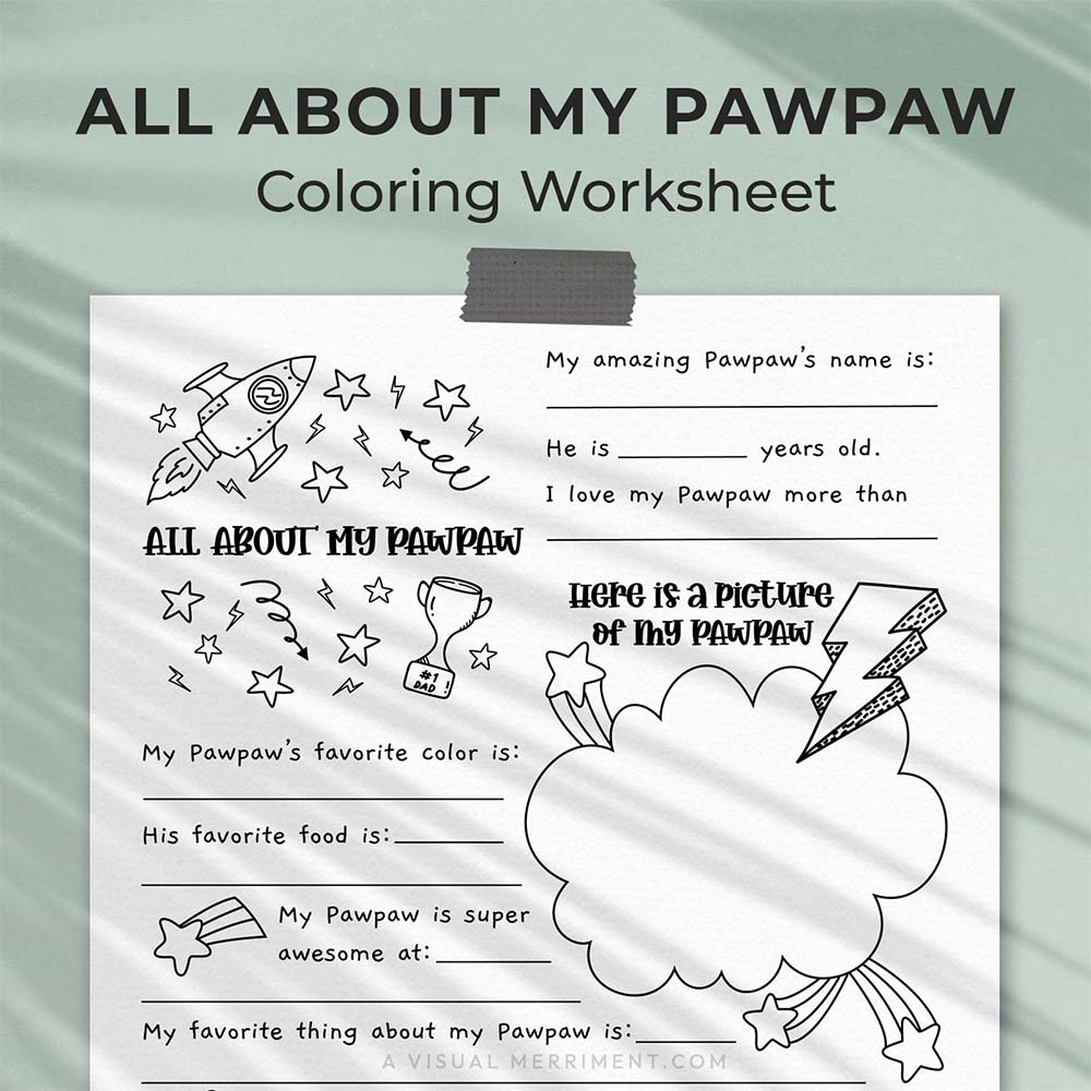 hanging page with tape titled all about my pawpaw worksheet with drawing, coloring