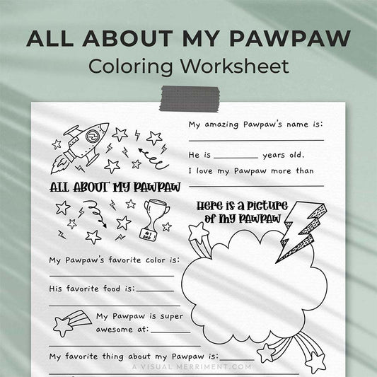 hanging page with tape titled all about my pawpaw worksheet with drawing, coloring