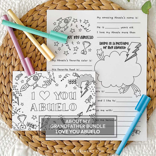 I love you Abuelo coloring greeting card with all about my Abuelo page on a mat with marker pens