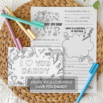 I love you daddy coloring greeting card with all about my dad page on a mat with marker pens