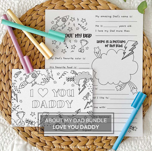 I love you daddy coloring greeting card with all about my dad page on a mat with marker pens