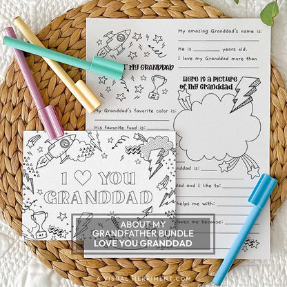 I love you Granddad coloring greeting card with all about my Granddad page on a mat with marker pens