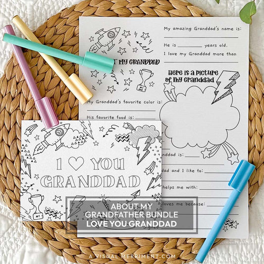 I love you Granddad coloring greeting card with all about my Granddad page on a mat with marker pens