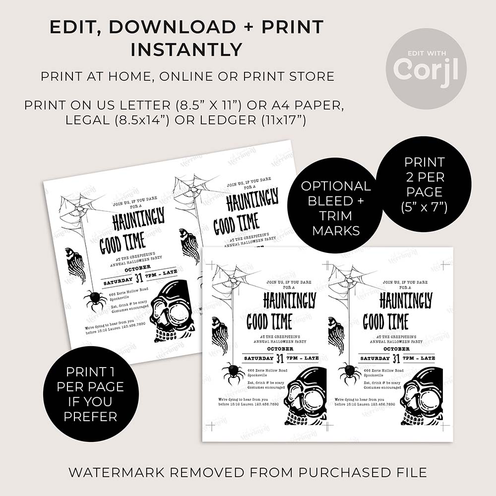 instructions with pages of black and white halloween invitation design with spider web, ghost and skull