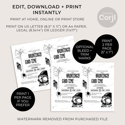 instructions with pages of black and white halloween invitation design with spider web, ghost and skull