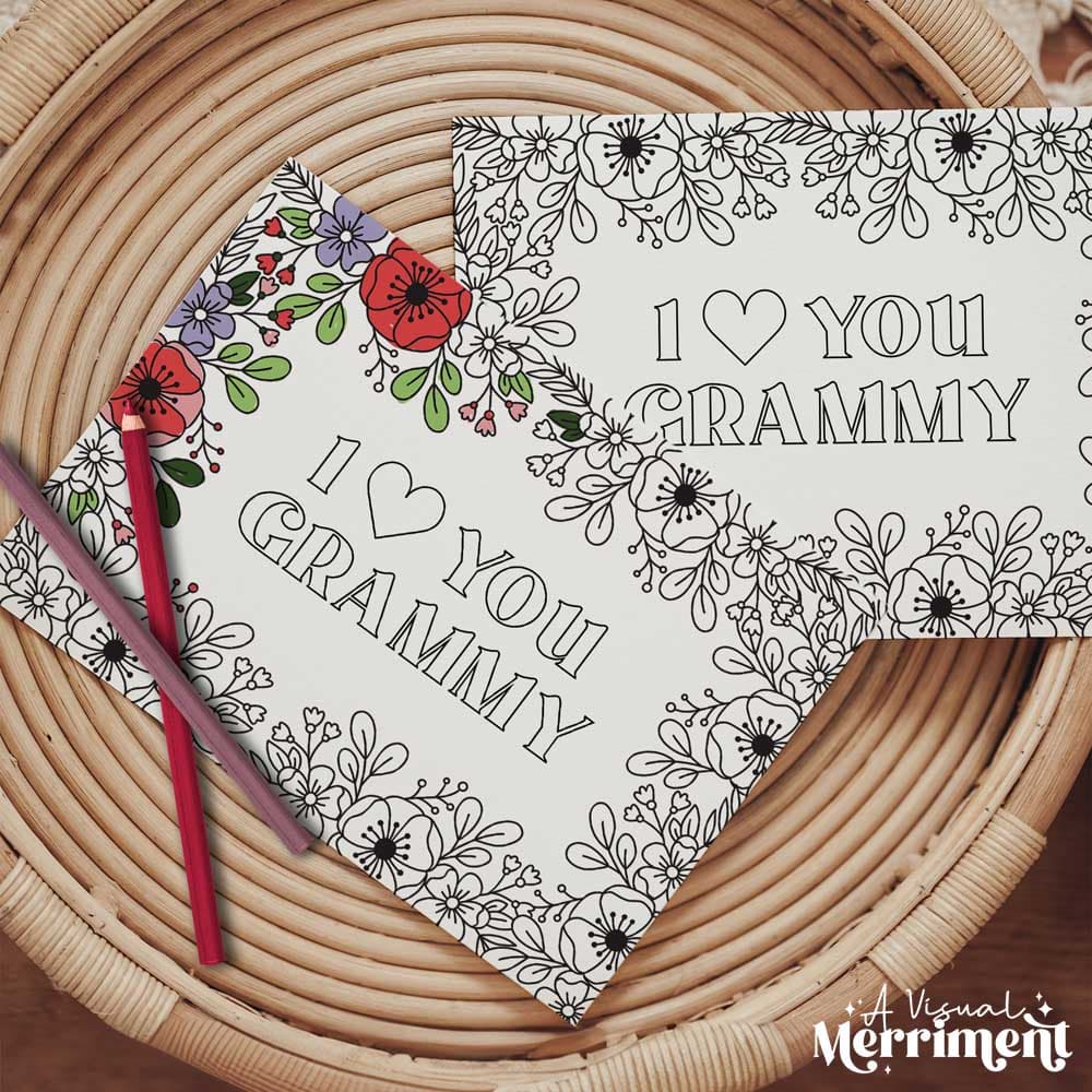 Half colored I love you Grammy grandparents day coloring card with pencils on table