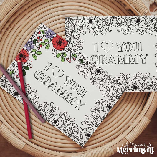 Half colored I love you Grammy grandparents day coloring card with pencils on table