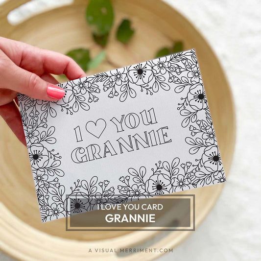 Hand holding I love you Grannie kids printable coloring grandmother greeting card