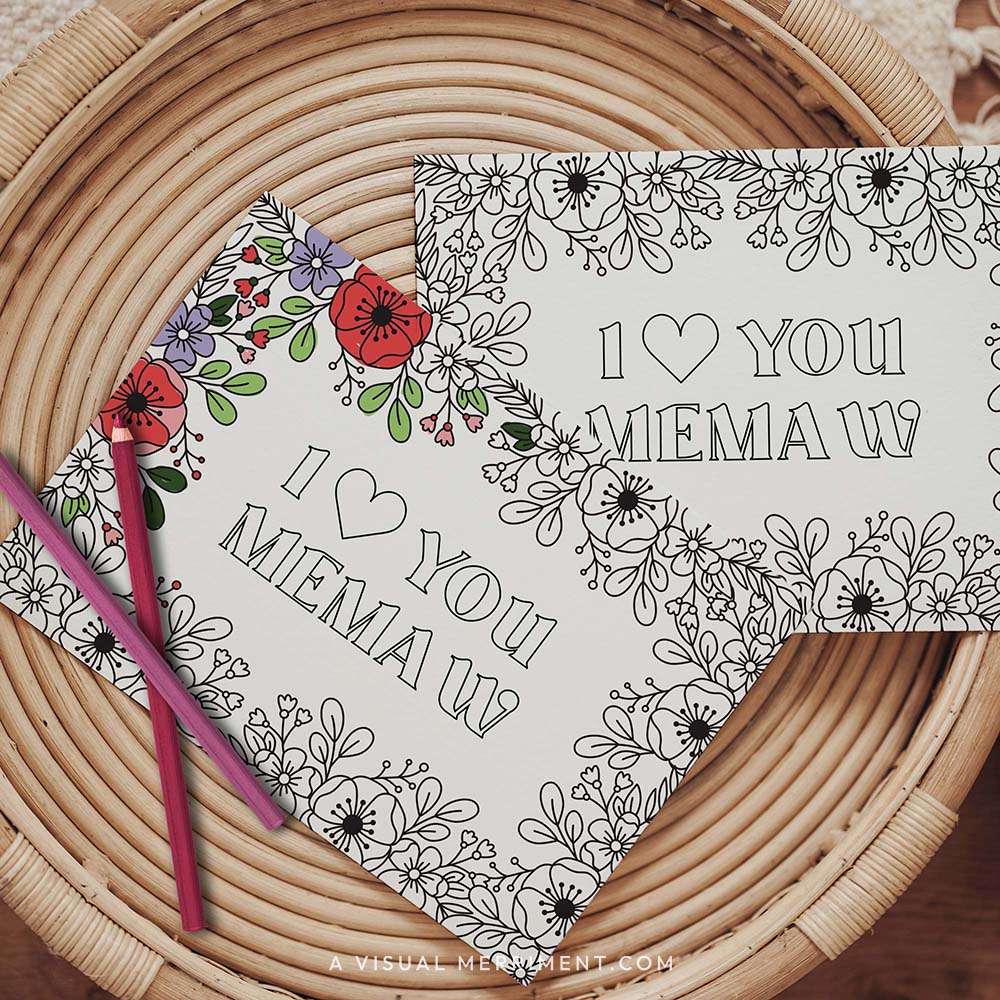 Half colored I love you Memaw grandparents day coloring card with pencils on table