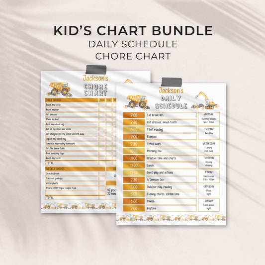 editable printable construction daily schedule and chore chart for kids bundle