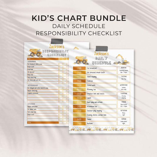 printable construction daily schedule and responsibility checklist for kids bundle
