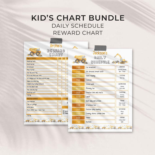 editable printable construction daily schedule and reward chart for kids bundle