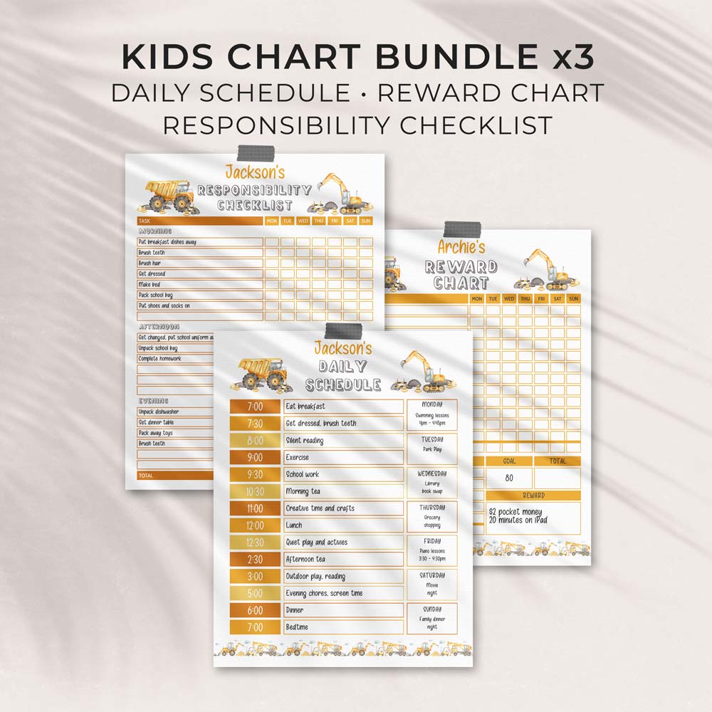 editable printable construction chore chart pdf bundle 3 pages
