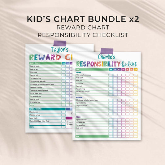 Rainbow editable reward chart & responsibility checklist PDF bundle pair