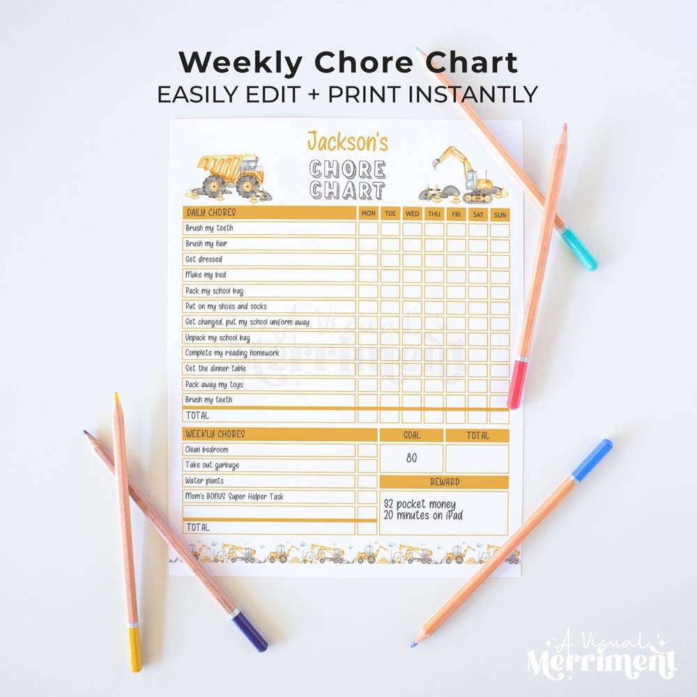 construction editable printable weekly chore chart for children and pencils