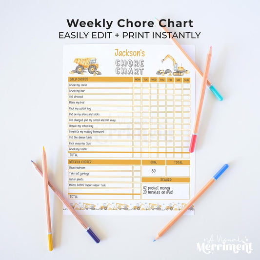 construction editable printable weekly chore chart for children and pencils