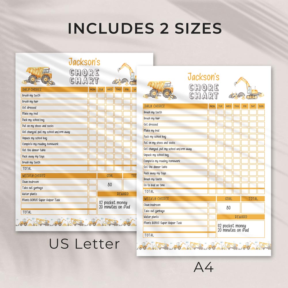 construction editable printable weekly chore chart in 2 sizes - US letter and A4