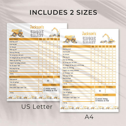 construction editable printable weekly chore chart in 2 sizes - US letter and A4