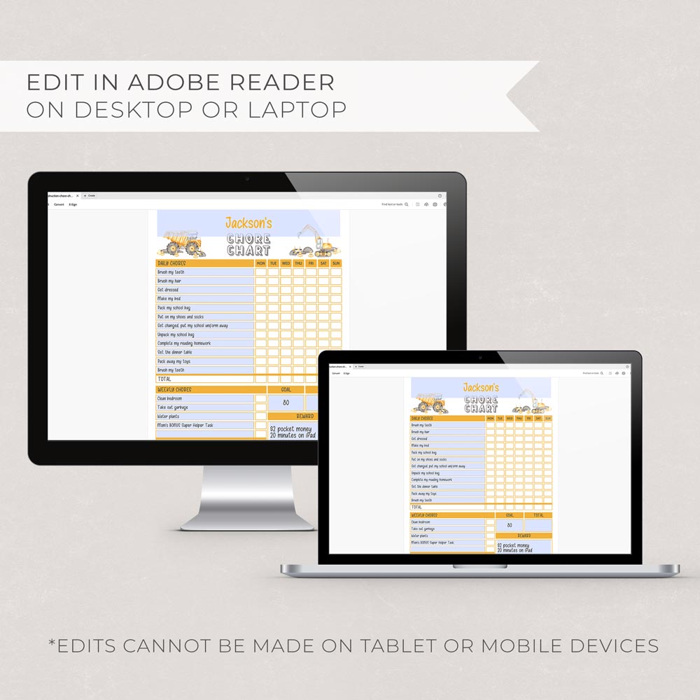 construction editable chore chart templates on computer and laptop screens