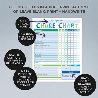 fields to edit on blue & green editable printable chore chart