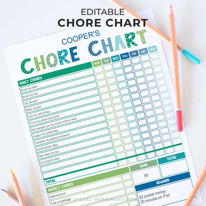 blue & green editable printable chore chart with daily and weekly chores