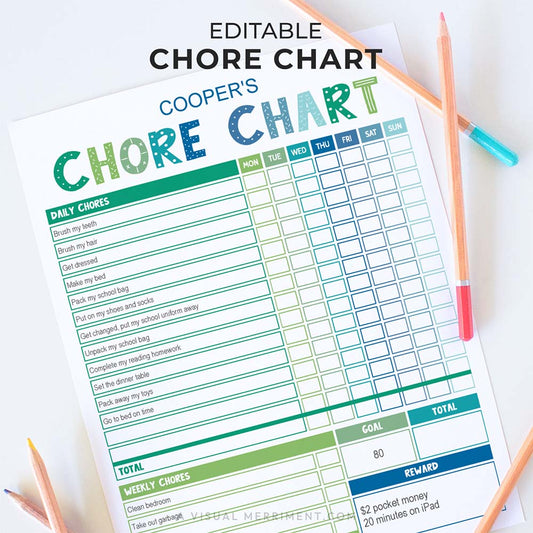 blue & green editable printable chore chart with daily and weekly chores