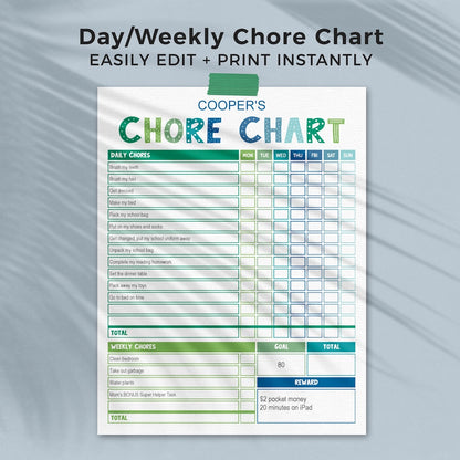 blue & green editable printable chore chart page with daily and weekly chores