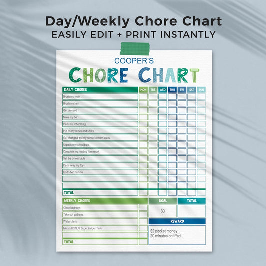 blue & green editable printable chore chart page with daily and weekly chores