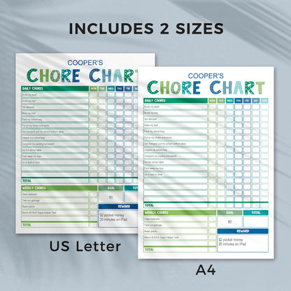 blue & green editable printable chore chart  in 2 sizes US and A4