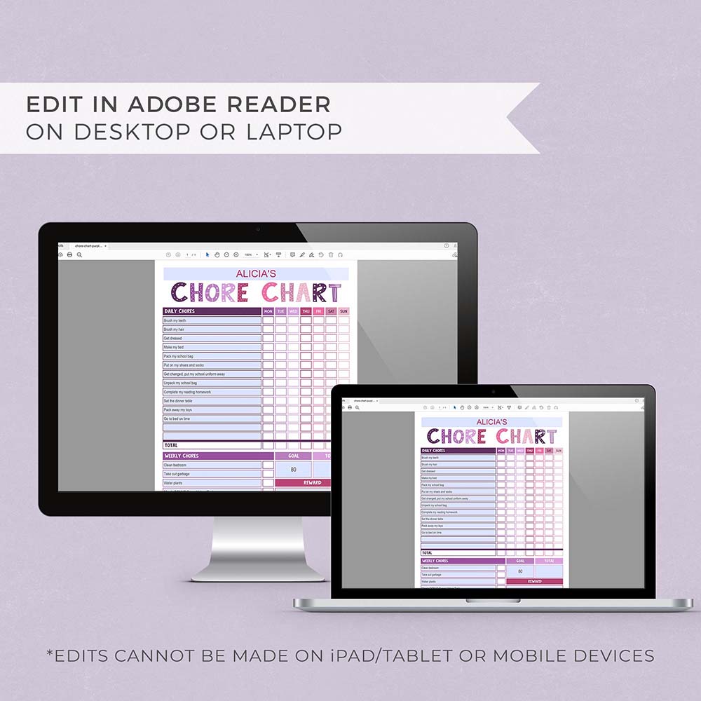 purple pink editable chore chart on computer and laptop screens