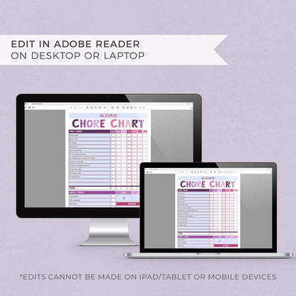 purple pink editable chore chart on computer and laptop screens