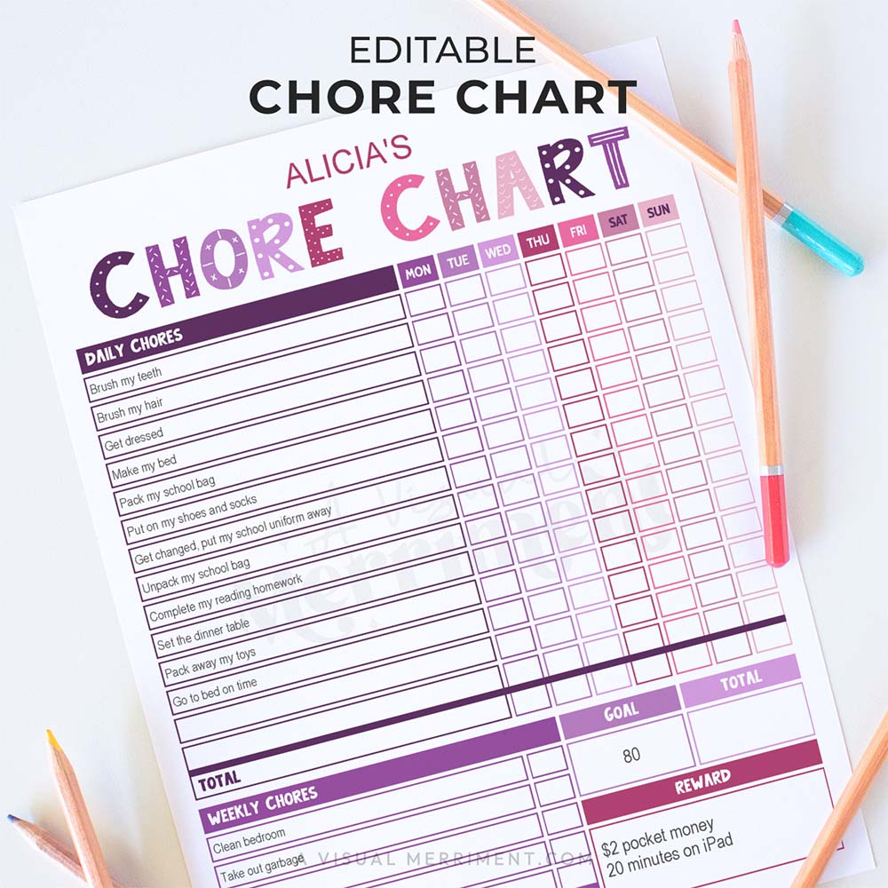 purple pink editable printable chore chart for children with pencils