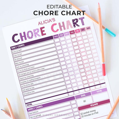 purple pink editable printable chore chart for children with pencils