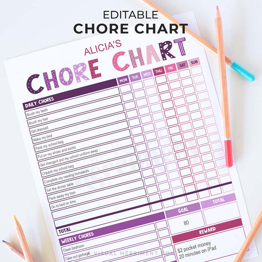 purple pink editable printable chore chart for children with pencils